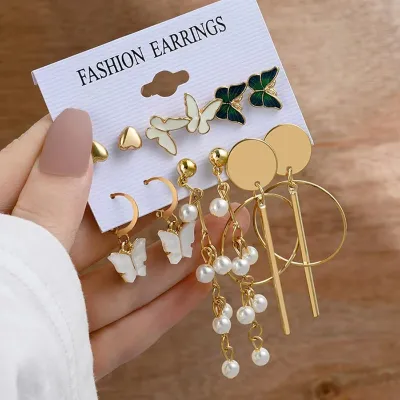 6 pairs Green White Butterfly Drop Earrings Set
